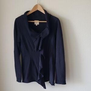 BLACK SWAN Navy Ruffle Knit Asymmetric Zip Jacket 100% Cotton Sz M Casual Comfy